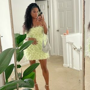 PRIMROSE STRAPLESS EMBELLISHED FEATHER MINI DRESS In Light Green